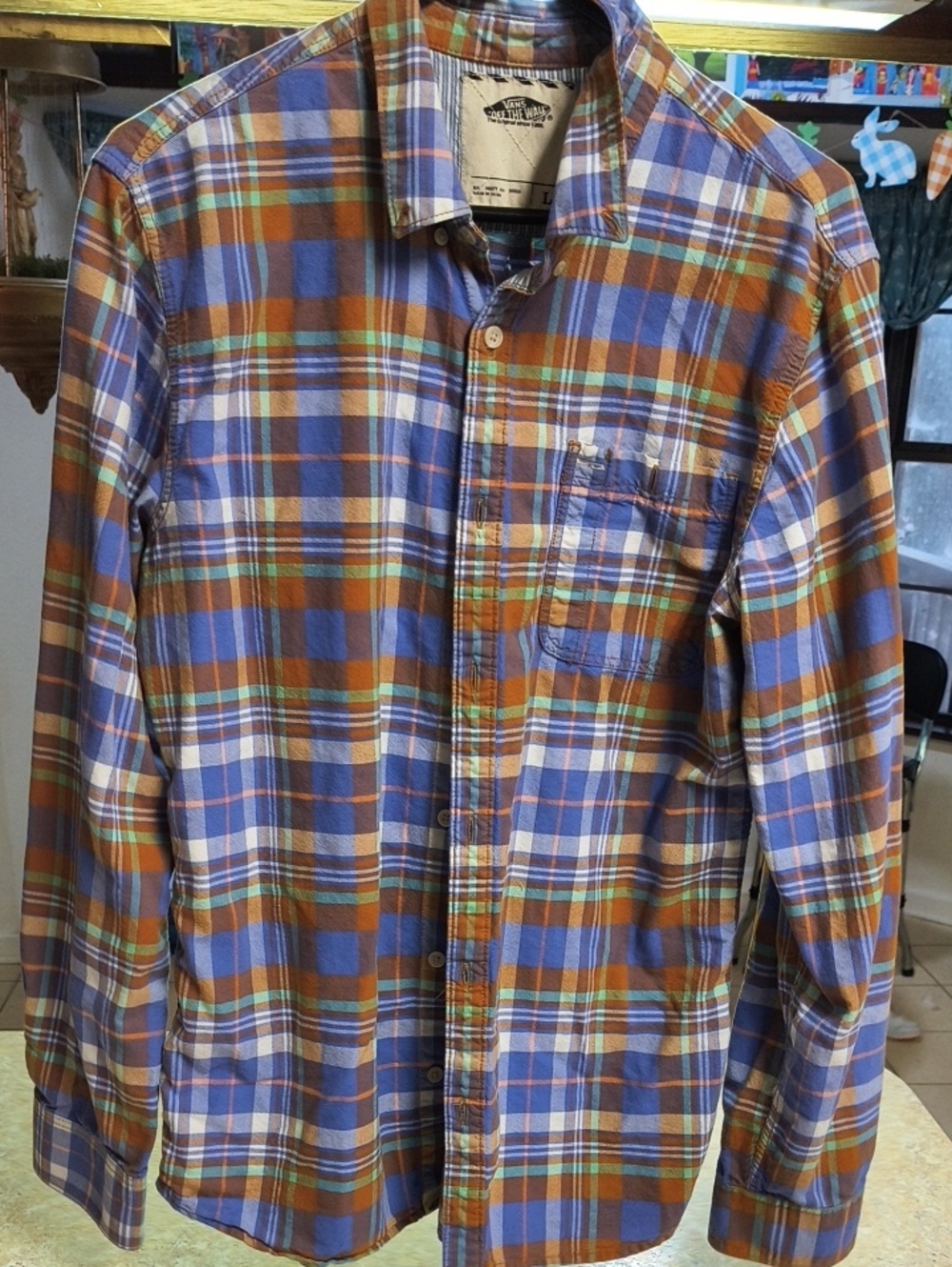 Vans Orange and Blue Plaid Button-Down Shirt Sz L Like New!